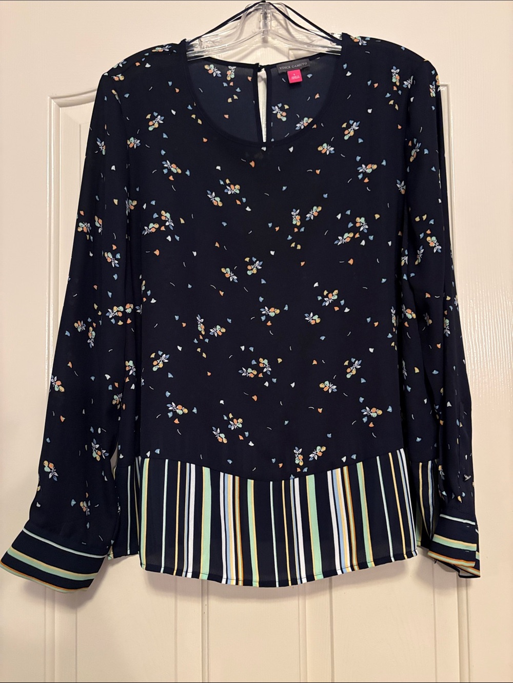 Vince Camuto Navy Floral Blouse with Striped Hem